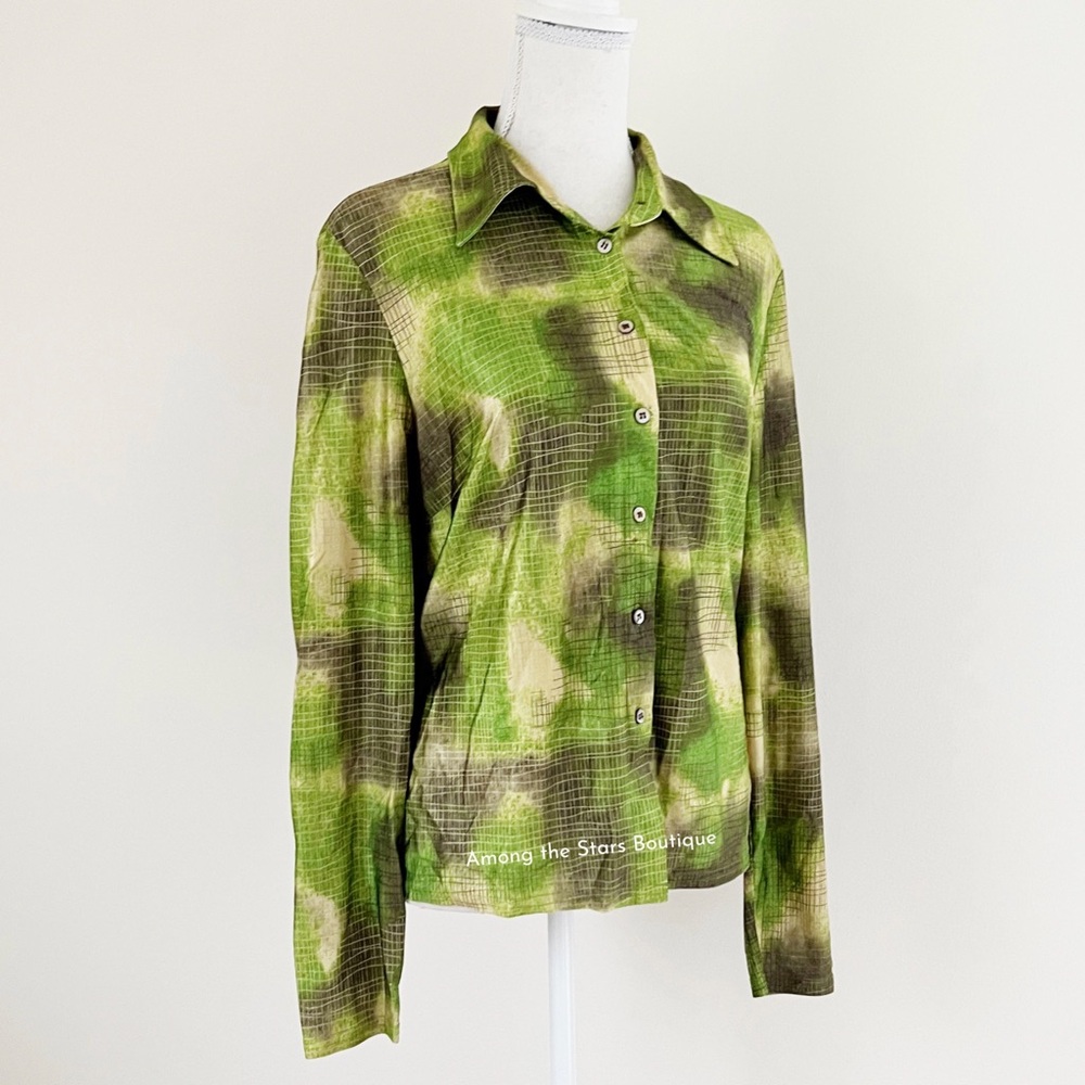 Very Rare 90s Vintage Green Abstract Print Button-Up Blouse ASO Cordelia in BTVS - Picture 9 of 14